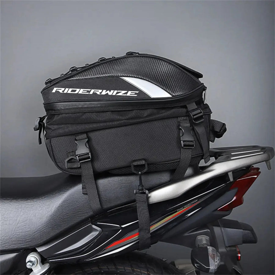 Riderwize motorcycle tailbag mounted on bike for long rides and touring in India
