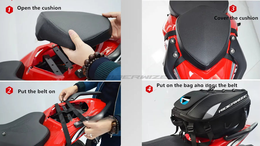 Step-by-step installation of Riderwize  motorcycle tail bag using mounting straps
